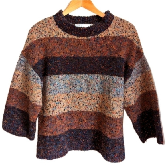 VINTAGE Neutrals Wool Stripes Oversized Boxy Academia Boucle Knit Sweater Small - Picture 1 of 11